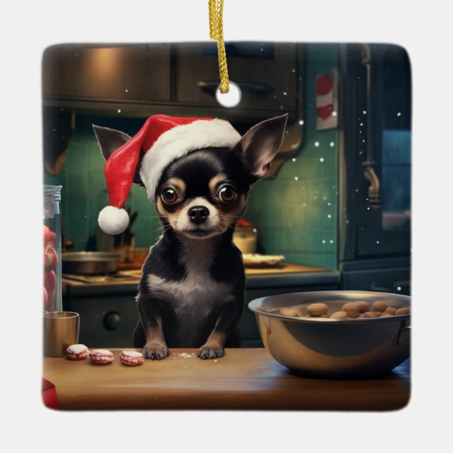 Chihuahua Christmas Cookies Holiday Ceramic Ornament (Front)