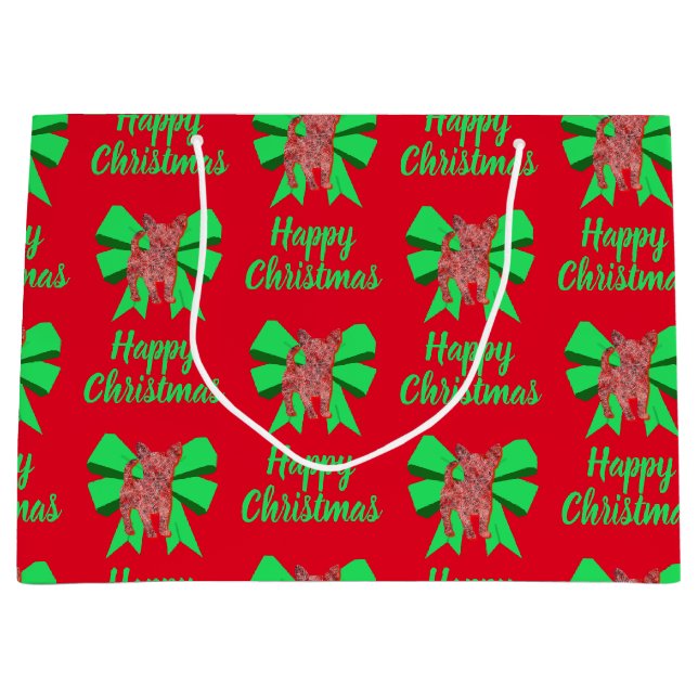 Chihuahua Christmas Dog & Green Bow Large Gift Bag (Front)