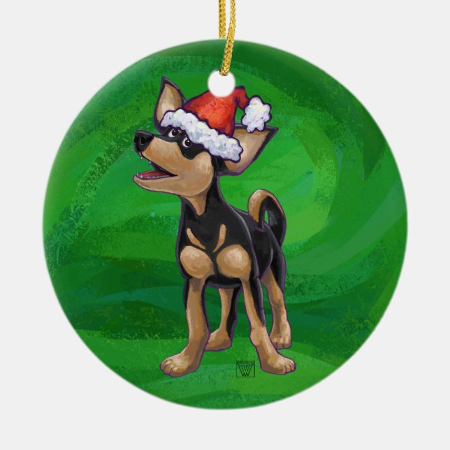Chihuahua Christmas On Green Ceramic Ornament (Front)