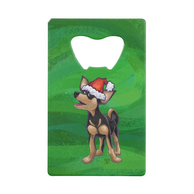 Chihuahua Christmas On Green Credit Card Bottle Opener (Front)