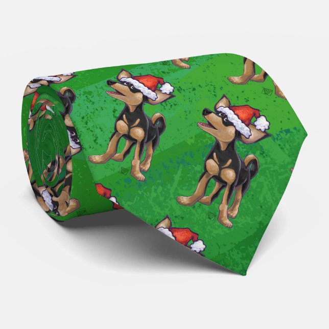 Chihuahua Christmas On Green Neck Tie (Rolled)