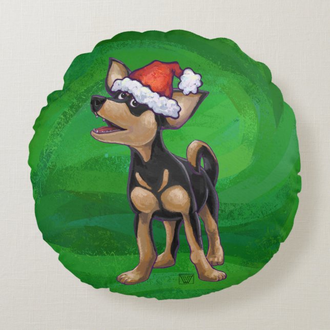 Chihuahua Christmas On Green Round Pillow (Front)