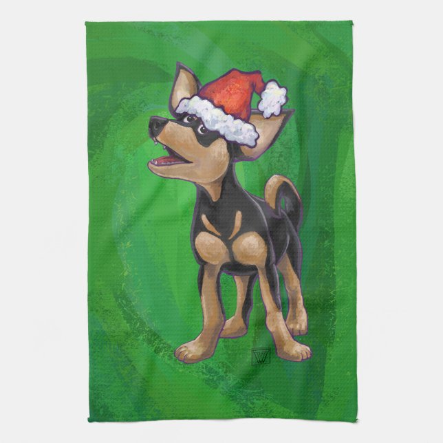 Chihuahua Christmas On Green Towel (Vertical)