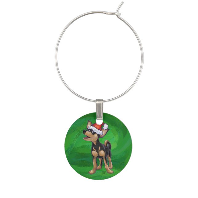 Chihuahua Christmas On Green Wine Glass Charm (Front)