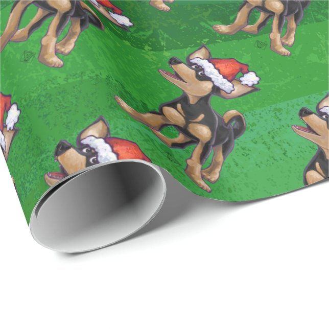 Chihuahua Christmas On Green Wrapping Paper (Roll Corner)