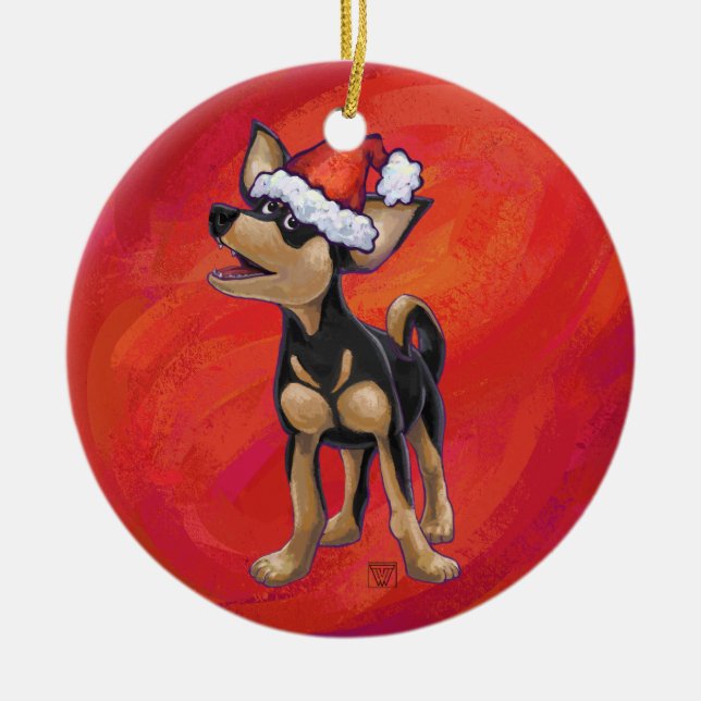 Chihuahua Christmas On Red Ceramic Ornament (Front)