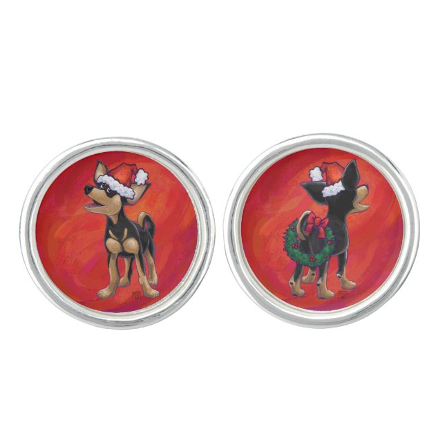 Chihuahua Christmas On Red Cufflinks (Front)