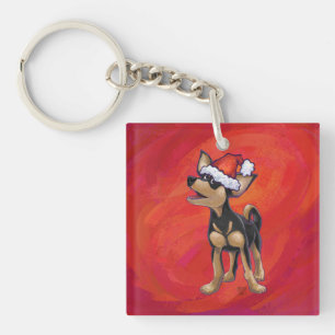 Chihuahua Christmas On Red Keychain