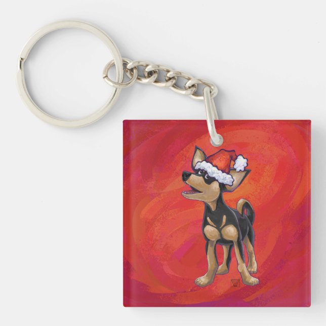 Chihuahua Christmas On Red Keychain (Front)