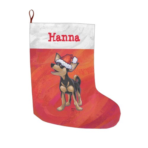 Chihuahua Christmas On Red Large Christmas Stocking