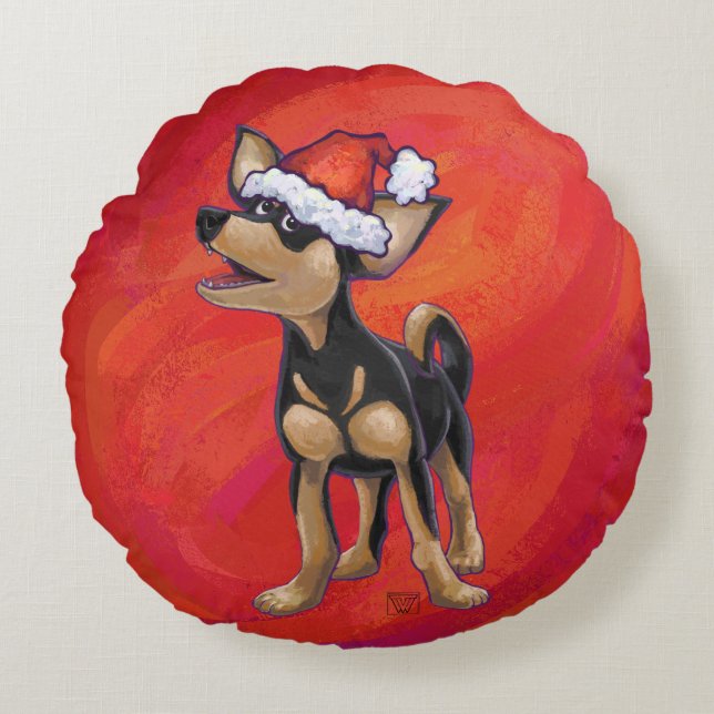 Chihuahua Christmas On Red Round Pillow (Front)