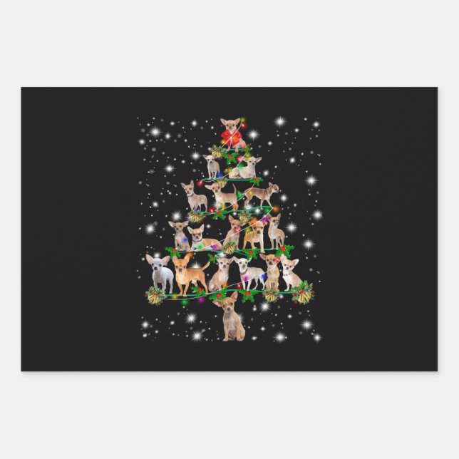 Chihuahua Christmas Tree Covered By Flashlight Wrapping Paper Sheets (Front)