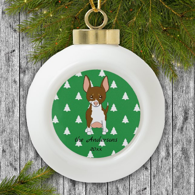 Chihuahua Christmas Tree Pattern Design Ceramic Ball Christmas Ornament (Cute brown and white chihuahua on green tree pattern — personalized family Christmas ornament.)