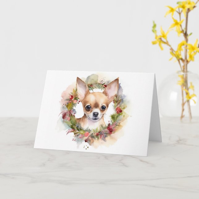 Chihuahua Christmas Wreath Festive Pup Card (Yellow Flower)