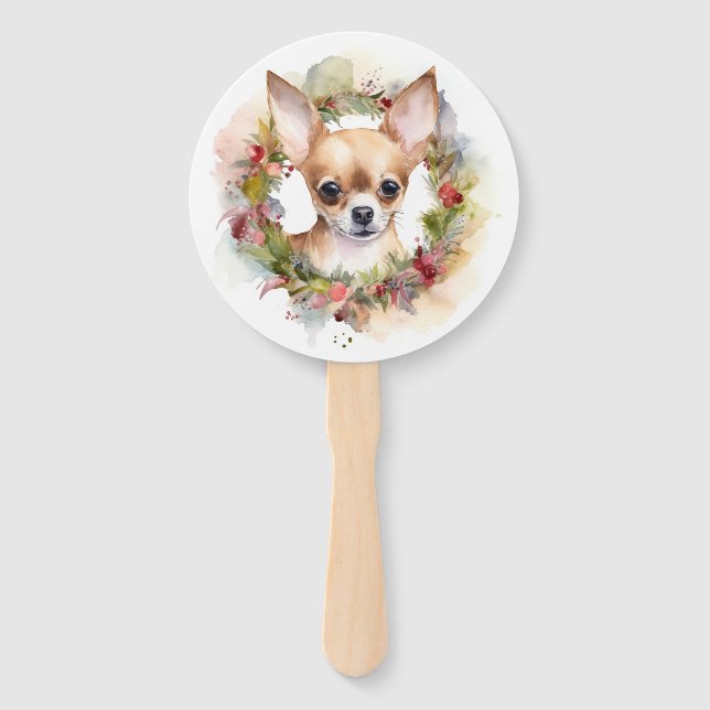 Chihuahua Christmas Wreath Festive Pup Hand Fan (Front)