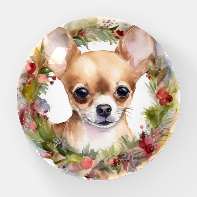 Chihuahua Christmas Wreath Festive Pup Paperweight (Front)