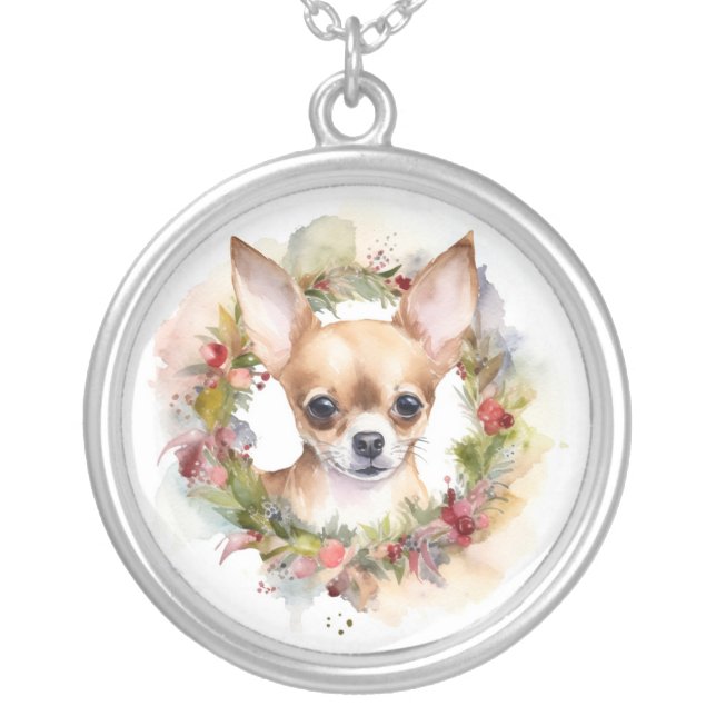 Chihuahua Christmas Wreath Festive Pup Silver Plated Necklace (Front)