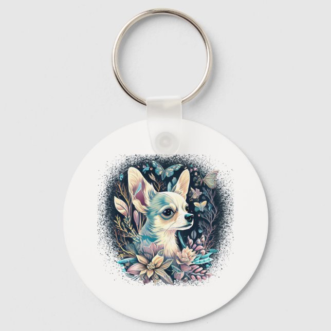 Chihuahua Cute Dog Beautiful Flowers Girl Keychain (Front)