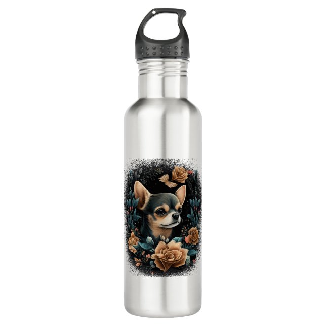 Chihuahua Cute Dog Beautiful Flowers Girl Stainless Steel Water Bottle (Front)