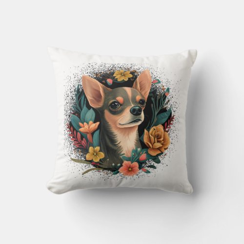 Chihuahua Cute Dog Beautiful Flowers Girl Throw Pillow