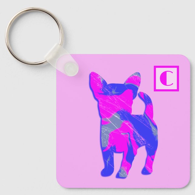 Chihuahua Cute Dog Pink & Blue Silhouette Monogram Keychain (Front)