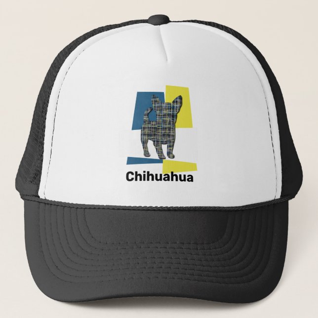 Chihuahua Cute Dog Silhouette Tricolour Grid Trucker Hat (Front)
