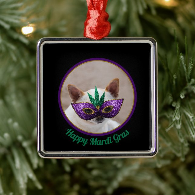 Chihuahua cute Happy Mardi Gras sparkly mask photo Metal Ornament (Tree)