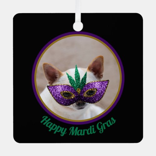 Chihuahua cute Happy Mardi Gras sparkly mask photo Metal Ornament