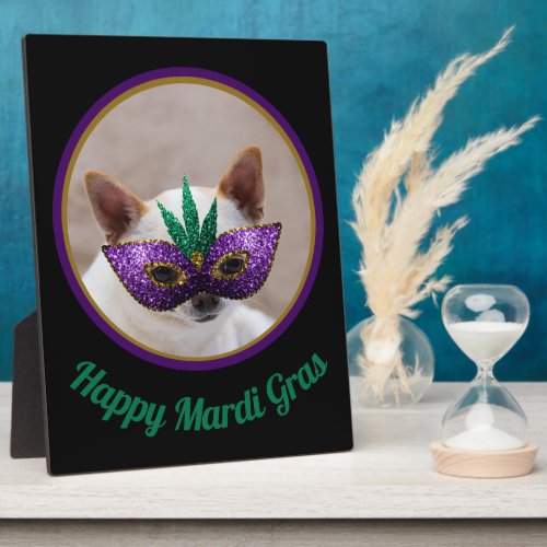 Chihuahua cute Happy Mardi Gras sparkly mask photo Plaque