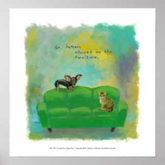 Chihuahua dog and cat on sofa fun original art poster