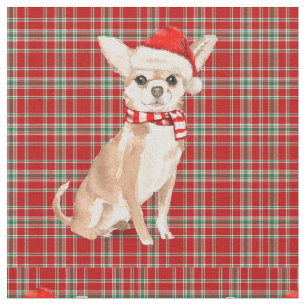 Chihuahua Dog and Red Plaid Christmas Fabric