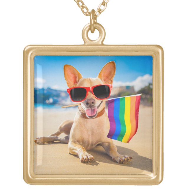Chihuahua Dog  at the Beach Gold Plated Necklace (Front)