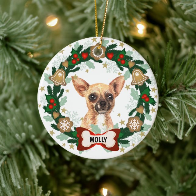 Chihuahua Dog Christmas Cute Dog Cookie Wreath Ceramic Ornament (Tree)