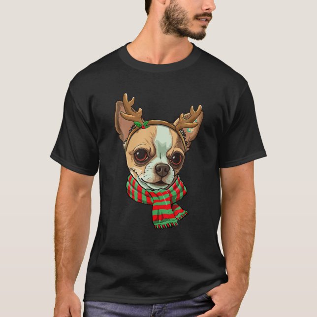 Chihuahua Dog Christmas Reindeer Santa Hat Funny X T-Shirt (Front)