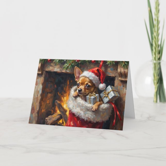 Chihuahua Dog Christmas Stocking Surprise Art Card (Front)