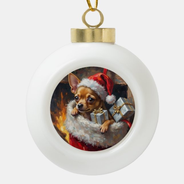 Chihuahua Dog Christmas Stocking Surprise Art Ceramic Ball Christmas Ornament (Front)