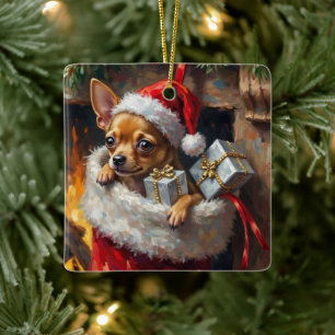 Chihuahua Dog Christmas Stocking Surprise Art Ceramic Ornament
