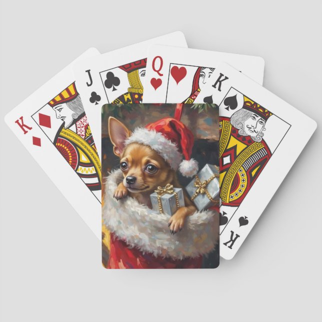 Chihuahua Dog Christmas Stocking Surprise Art Poker Cards (Back)