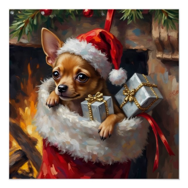 Chihuahua Dog Christmas Stocking Surprise Art Poster (Front)