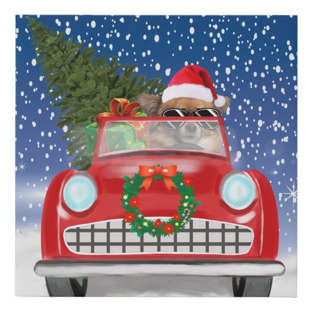  Chihuahua Dog Driving Car In Snow Christmas Faux Canvas Print (Front)