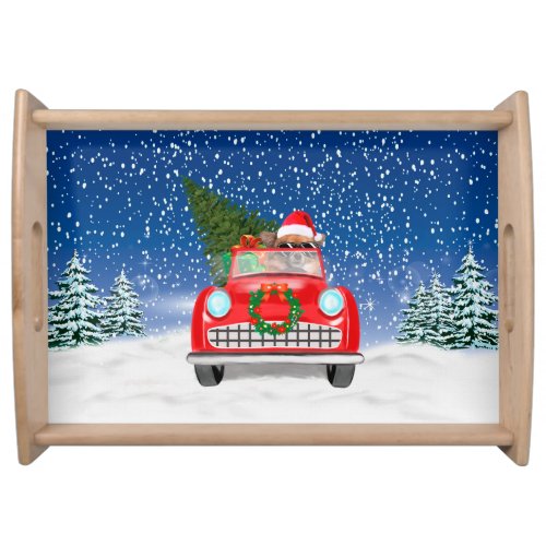  Chihuahua Dog Driving Car In Snow Christmas Serving Tray