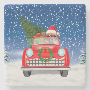 Chihuahua Dog Driving Car In Snow Christmas Stone Coaster