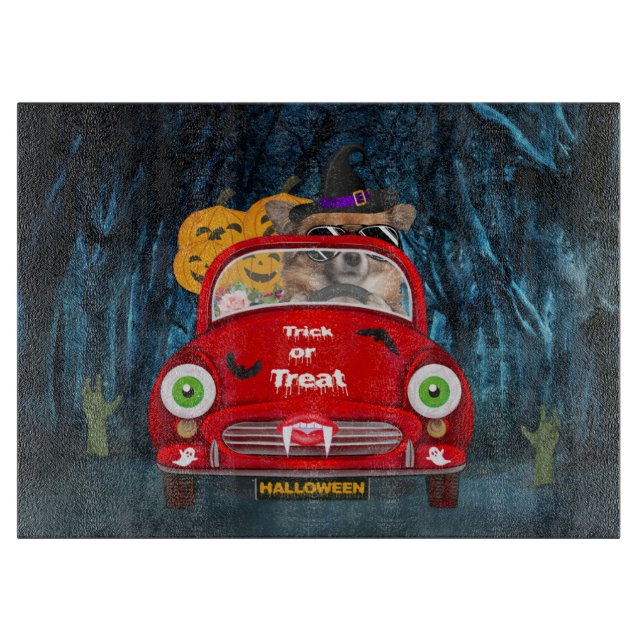 Chihuahua Dog Driving Car Scary Halloween  Cutting Board (Front)