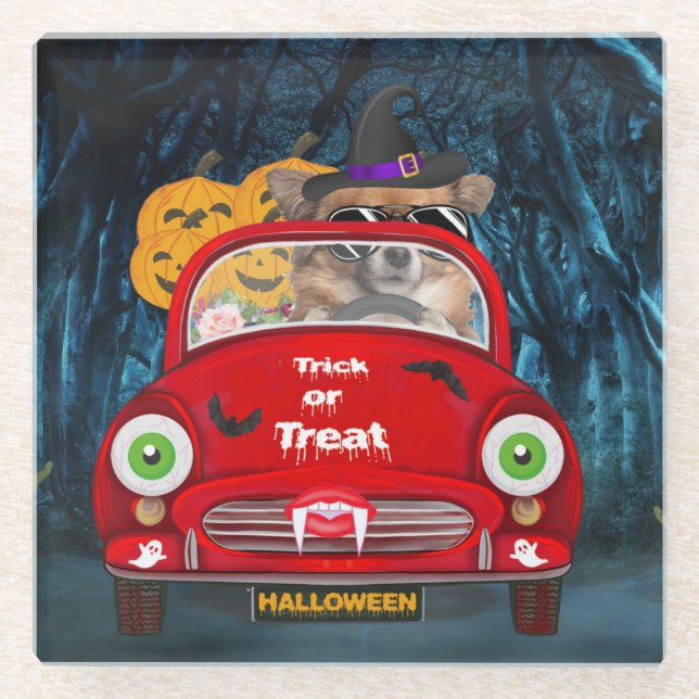 Chihuahua Dog Driving Car Scary Halloween  Glass Coaster (Front)
