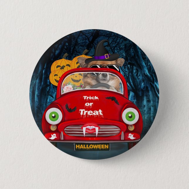 Chihuahua Dog Driving Car Scary Halloween Throw Pi Button (Front)