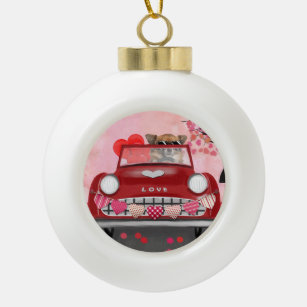 Chihuahua Dog Driving Car with Hearts Valentine's  Ceramic Ball Christmas Ornament