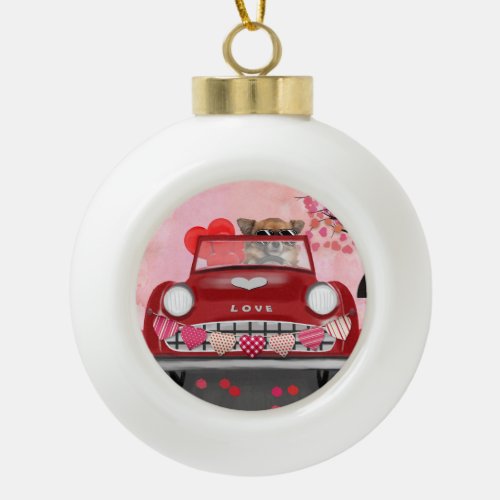 Chihuahua Dog Driving Car with Hearts Valentines  Ceramic Ball Christmas Ornament