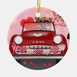 Chihuahua Dog Driving Car with Hearts Valentine's  Ceramic Ornament