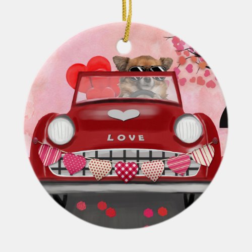 Chihuahua Dog Driving Car with Hearts Valentines  Ceramic Ornament