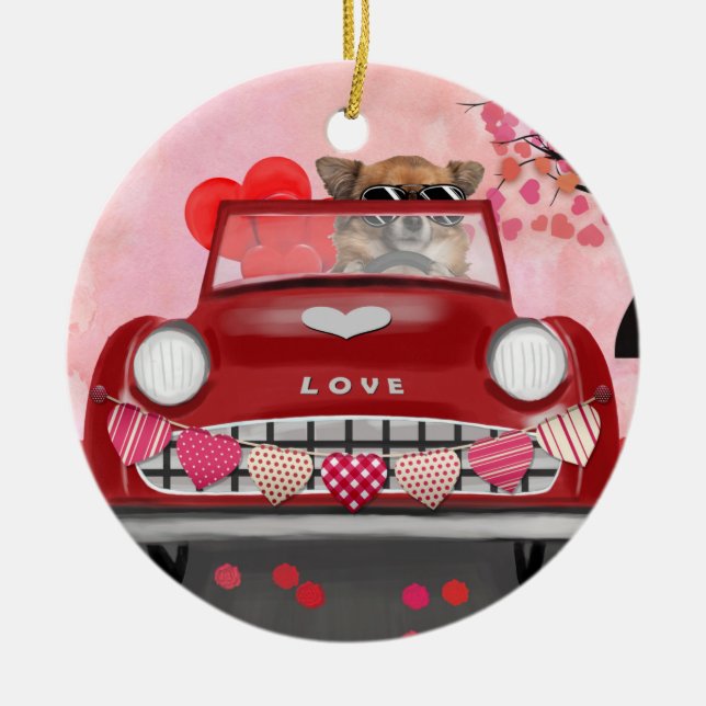 Chihuahua Dog Driving Car with Hearts Valentine's  Ceramic Ornament (Front)